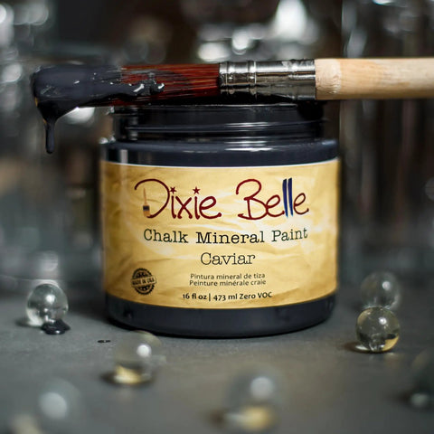 Chalk Finish Dope Caviar Matte Black 8 Oz Chalk Mineral DIY jar with paintbrush on lid, ideal for furniture and decor projects.