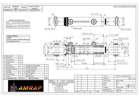 AMRAP 1.5x6 hydraulic cylinder technical drawing with 1.5 in bore, 6 in stroke, welded clevis, double-acting, 3000 psi