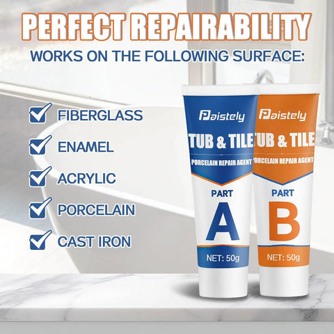 Porcelain Repair Kit With Two 50g Tubes, Waterproof Fiberglass Tile And Tub Repair Kit, showing repair surfaces and tubes labeled A and B