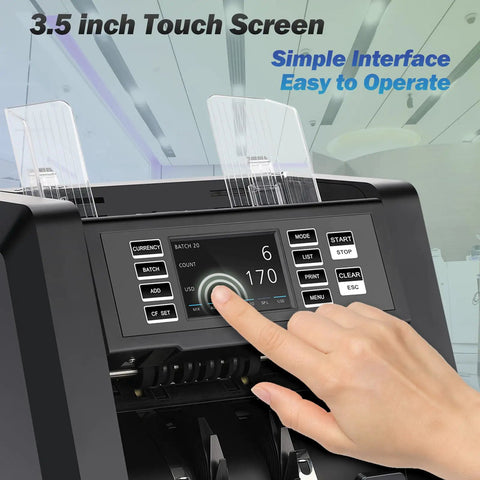 User operating N70A Money Counter Machine With 2CIS UV MG IR Counterfeit Detection on 3.5-inch touch screen