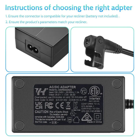 Close-up of Wide Power Recliner Power Supply Kit 29V 2A 2-Pin Adapter with plug and specifications label