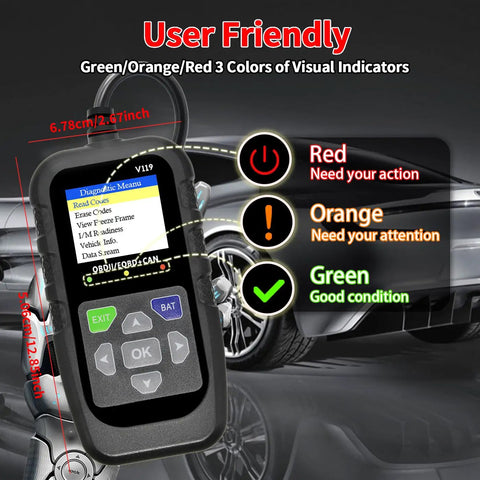 OBD2 Scanner Diagnostic Tool With Code Reader And Voltage Tester For Cars And Trucks in front of car with indicator lights