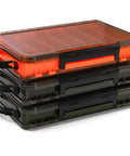 Stacked three pack double sided fishing lure boxes with 14 compartments clear plastic tackle organizer two buckles visible bait storage