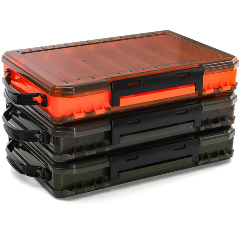 Stacked three pack double sided fishing lure boxes with 14 compartments clear plastic tackle organizer two buckles visible bait storage