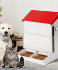 Game Changing Gravity Fed Auto Cat And Dog Food Bowl Station For Two Fur Kids Featuring Leak Proof Double Stainless Troughs Tough Outside Kibble Dispenser with pets.