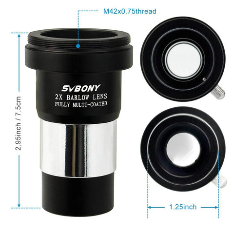 2x Barlow Lens for 1.25 Inch Eyepieces With M42 Thread, Multi Coated Broadband Green Film, Telescope Accessory close-up