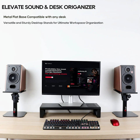 Heavy Duty Desktop Speaker Stands Pair With Flat Base Adjustable Height and Tilt Universal Platforms elevating speakers on desk