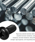 Black Zinc Coated M5 0.8 x 10mm Stainless Steel Phillips Pan Head License Plate Screws Eight Pack Anti Rust For Front And Rear Plates On Model 3 Model Y BMW 3 Series 5 Series And More, close-up with steel rods background