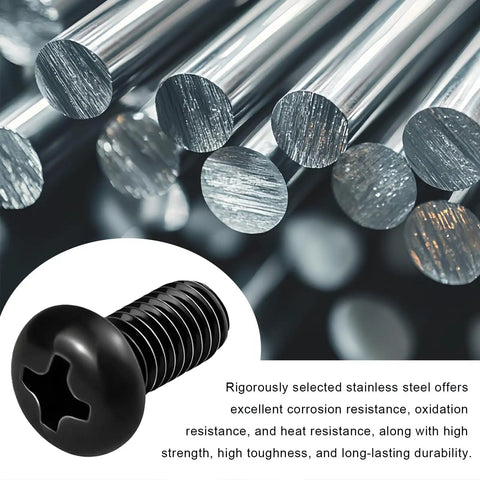 Black Zinc Coated M5 0.8 x 10mm Stainless Steel Phillips Pan Head License Plate Screws Eight Pack Anti Rust For Front And Rear Plates On Model 3 Model Y BMW 3 Series 5 Series And More, close-up with steel rods background