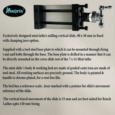 Design Patent Mini Vertical Milling Slide With Base Plate For Direct Mount On 7x14 Mini Lathe, Fixed Type With Clamps, 90x50 Mm Travel