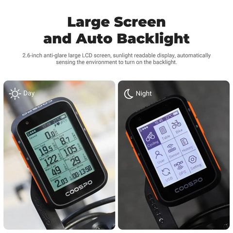Wireless GPS Bike Computer With Auto Backlight And Cadence Speed Sensor BC200 display shown in day and night mode.