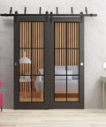 Clear Glass Barn Door Vibe Sliding Closet Doors With 6.6 Ft Rails And Hardware Kit 64 By 96 Inch 2 Panel See Through Glass Smooth Bypass