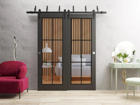 Clear Glass Barn Door Vibe Sliding Closet Doors With 6.6 Ft Rails And Hardware Kit 64 By 96 Inch 2 Panel See Through Glass Smooth Bypass