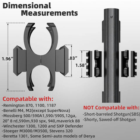 Diagram of Tactical Shotgun Barrel Clamp Mount With Dual Picatinny Rails For 12 Gauge Shotguns And Flashlight Or Laser Mounts dimensions