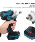 Heavy Duty Cordless Brushless Impact Wrench Kit With Rechargeable Battery, 520Nm Torque Quick Change Chuck in hand, showing electric switch head.