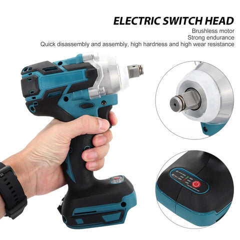 Heavy Duty Cordless Brushless Impact Wrench Kit With Rechargeable Battery, 520Nm Torque Quick Change Chuck in hand, showing electric switch head.