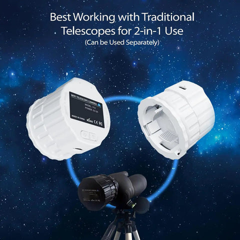 Telescope Camera Eyepiece With 1080P FHD Video And 2K Recording Plus 4MP Photos shown with telescope view
