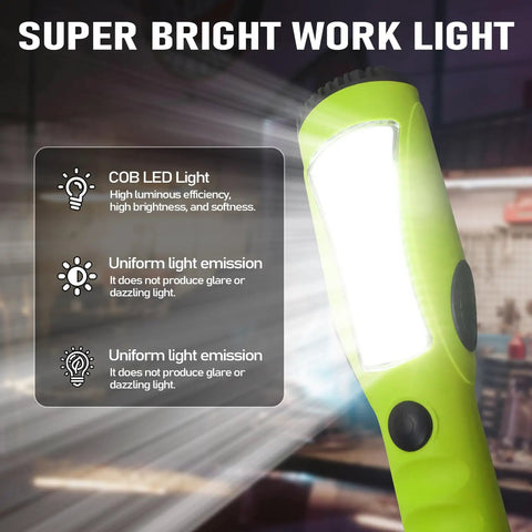 Ultra Bright 1200 Lumen COB LED Work Light With 25 Foot Heavy Duty Cord, Handheld Design, Magnetic Base, Rotatable Hanging Hook, Green
