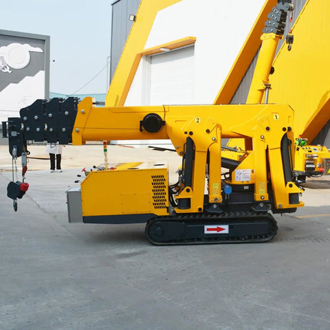 Compact Crawler Crane With Hydraulic Telescopic Boom For Narrow Access Construction and Industrial Installation, side view of portable yellow crane.