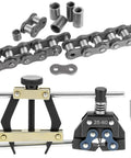Universal Roller Chain Tools Kit With Carbon Steel Chain Breaker, Cutter, Holder And Puller For Bicycles, Motorcycles, And ATVs, Beefy Build, Fits 25 35 41 50 60 And More with components displayed