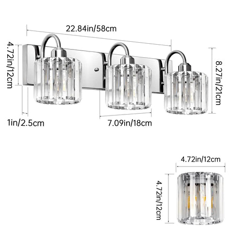 Three-Light Brushed Nickel Vanity Light Fixture For Bathroom Over Mirror With Crystal Accents, Dope Modern Wall Mount, UL Listed, Easy Install, 22.85 Inches Long, 7.09 Inches Wide, 8.28 Inches High with measurements.