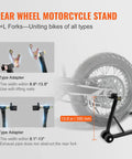 Rear view of Beefy 850 Lb Front And Rear Motorcycle Stand Lift with U+L fork design, fitting Yamaha, Kawasaki, Honda, Suzuki motorcycles.