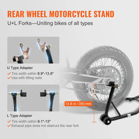 Rear view of Beefy 850 Lb Front And Rear Motorcycle Stand Lift with U+L fork design, fitting Yamaha, Kawasaki, Honda, Suzuki motorcycles.