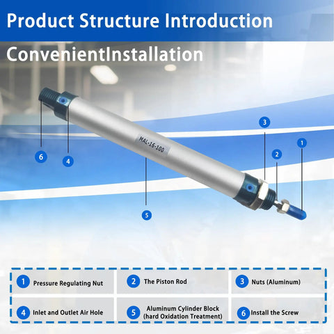 Diagram of Compact Aluminum Double Acting Pneumatic Cylinder MAL 16x100 With Single Rod Bore 16mm Stroke 100mm details and installation.