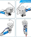 Pro Grade Pneumatic Steel Strapping Machine Featuring Heavy Duty Tensioner Cutter Sealer And Handheld Banding Tool displayed from multiple angles.