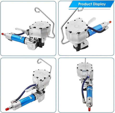 Pro Grade Pneumatic Steel Strapping Machine Featuring Heavy Duty Tensioner Cutter Sealer And Handheld Banding Tool displayed from multiple angles.