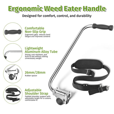 Ergonomic Weed Eater Handle with Shoulder Strap, aluminum alloy, padded grip, adjustable strap, trimmer handle for easy lawn care.