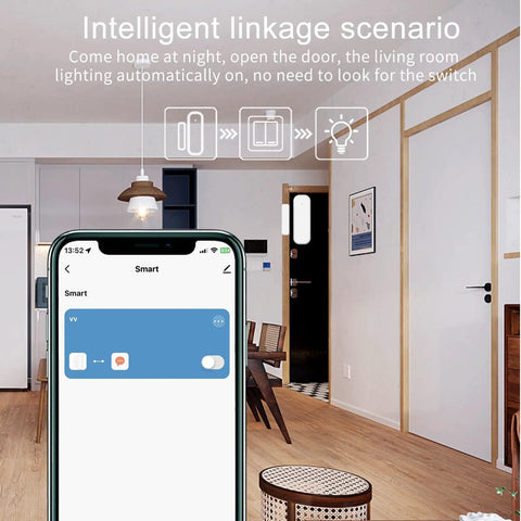 One Pack Smart Door And Window Sensor Tracking Entries To Keep Your Pad Secure While Sending Instant Push Alerts For Straight Up Home Protection And Hands Free Voice Command, shown in living room with smartphone app.