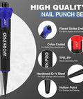 Three-Piece Nail Punch Set With Color Coded Nail Setters And Shock Absorbing Grip Featuring High Quality Design and Specifications
