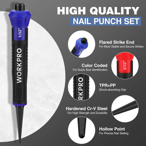 Three-Piece Nail Punch Set With Color Coded Nail Setters And Shock Absorbing Grip Featuring High Quality Design and Specifications