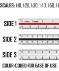 12 Inch Aluminum Triangular Engineering Scale Ruler With Six Scales 1:10 1:20 1:30 1:40 1:50 1:60 shown with color-coded sides
