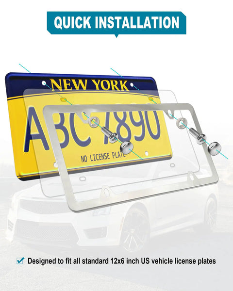 Crystal Clear License Plate Frame Covers 2 Pack Flat Tag Shield Protector with unbreakable acrylic installed on car
