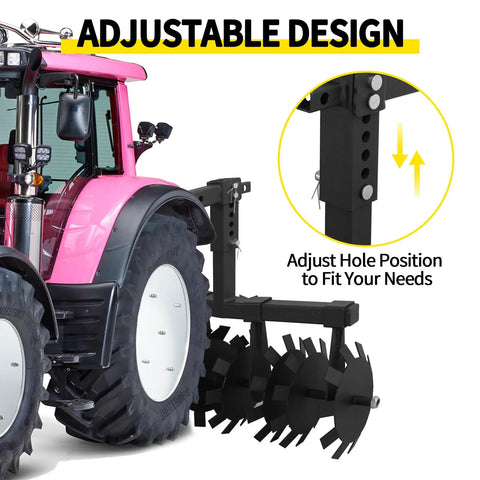 32 Inch Disc Plow Harrow With 2 Inch Receiver Mount for ATV UTV showing adjustable height feature next to pink tractor