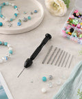 Badass Mini Micro Drill Bit Set With Tough Pin Vise And Slick Carburetor Jet Plus Jeweler Twist Bits From Point Five To Three Millimeters laid out with jewelry and beads.