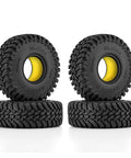 63x22mm 1.0 Inch Maverix MT Tires With Silicone Inserts For TRX4M SCX24 One Eighteen And One Twenty Four RC Crawlers Upgrade Aggressive Hook Tread Soft Sticky S5 Compound For Off Road Traction And Durability, showing four black tires with yellow inserts.