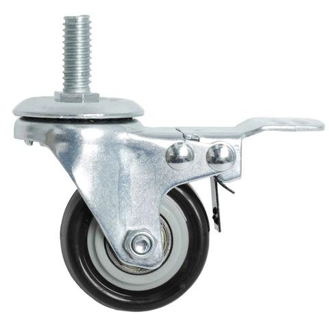 Heavy Duty 2 Inch Polyurethane Swivel Caster Wheels With Locking Brake Set Of 4 Black Threaded Stem Casters Five Sixteenths Inch Stem 1 Inch Long side view with detailed wheel and stem.