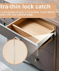 Ultra Thin Magnetic Cabinet Door Latches Hold Super Tight With Heavy Duty Adhesive For Kitchen, Bathroom & RV Cabinets Without Drilling Any Holes No Installation Hassle At All In This 12 Pack Set Silver Finish shown on drawer edge.