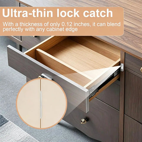 Ultra Thin Magnetic Cabinet Door Latches Hold Super Tight With Heavy Duty Adhesive For Kitchen, Bathroom & RV Cabinets Without Drilling Any Holes No Installation Hassle At All In This 12 Pack Set Silver Finish shown on drawer edge.