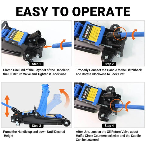 Step-by-step guide to operating the 2.5 Ton Hydraulic Floor Jack With Low Profile For Sedans And SUVs 3.4 Inch To 15.2 Inch Lift Range