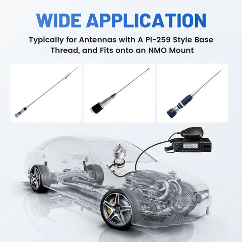 NMO To SO239 Adapter For Your Vehicle Antenna Rig with CB Ham Radio setup and compatible antenna examples shown on car model