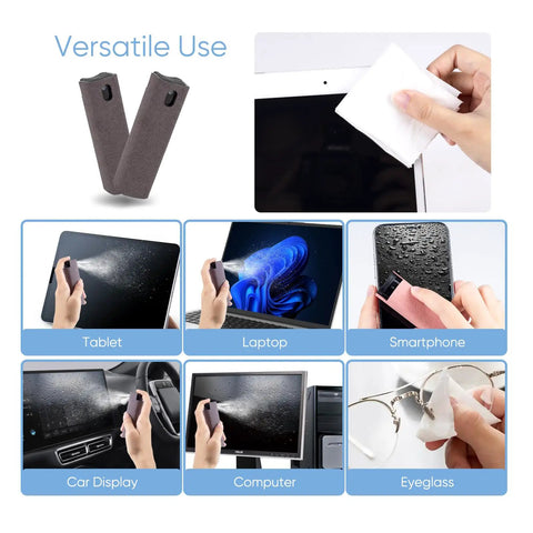 6 Pack Screen Cleaner Kit 2 In 1 Touchscreen Mist Cleaner, Spray And Wipe With Microfiber Cloth shown cleaning various devices.