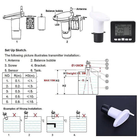 Ultrasonic Water Level Sensor Transmitter With LCD Temperature Display Real Time Liquid Level Monitor With Min/Max Recording High And Low Alarm Indoor Temperature Readout Suitable For Tanks Wells And Drums; includes installation sketch, device images, and specifications chart.
