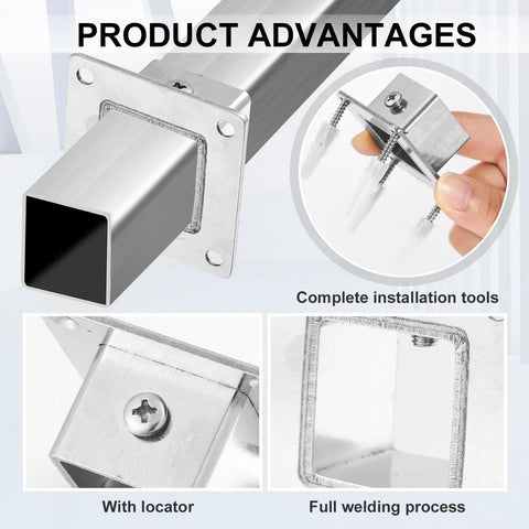8 Pack Square Post Bases 1x1 Stainless Steel Flange Anchors for Fence, Deck, and Railing Support, installation tools visible