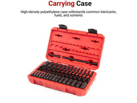 One Quarter Inch Drive Shallow And Deep 6-Point Impact Socket Set With Case, 61-Piece, showing open red carrying case and sockets