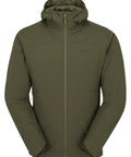 Xenair Alpine Light Hooded Insulated Jacket for Hiking and Mountaineering in Olive, front view, lightweight windproof shell