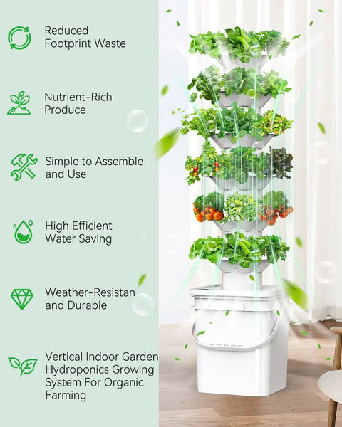 Vertical Hydroponics Garden Tower Kit With Six Levels And 36 Pods For Indoor And Outdoor Growing Of Herbs And Fruits.